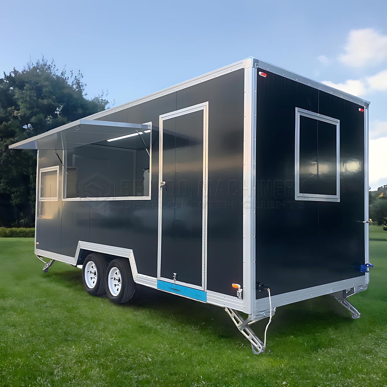 BELYOO Black Mobile Food Trailer, 19.68" x 8.27" x 92.52", Stainless Steel & PVC, Modern Style, Customizable Food Vending Cart with Concession Window, DOT Certified, Multi-Use