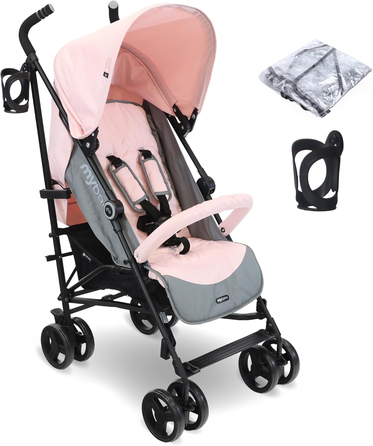 My Babiie MB02 Plus Stroller - from Birth to 4 Years (22kg), Lightweight & Compact Umbrella Fold, Travel Buggy for Toddlers, Pushchair Includes Cup Holder and Rain Cover - Pink & Grey