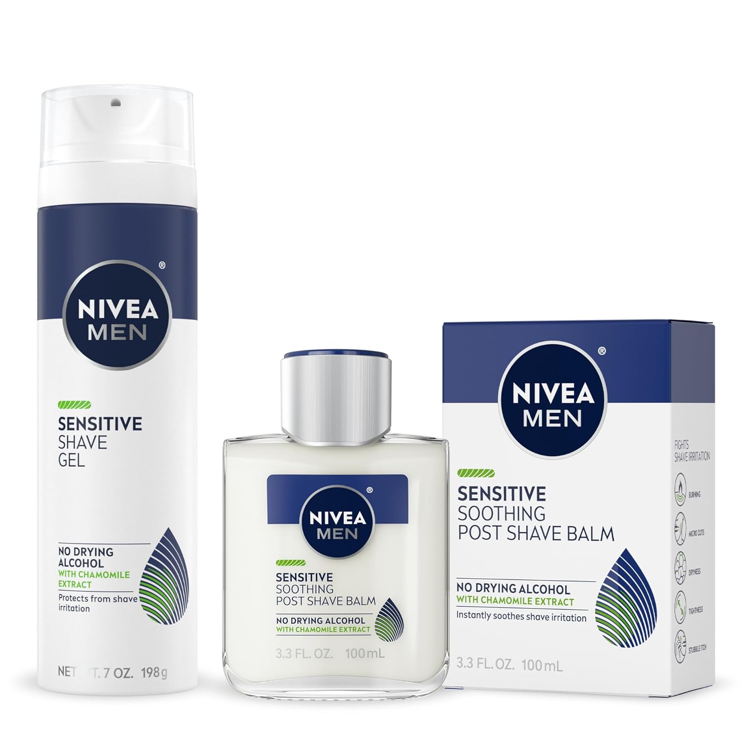 NIVEA MEN Sensitive Shaving Set for Men, Sensitive Shave Gel (7 Oz) + Soothing Post Shave Balm Aftershave (3.3 Fl Oz), Enriched with Chamomile Extract and Vitamin E, Alcohol Free Skin Care