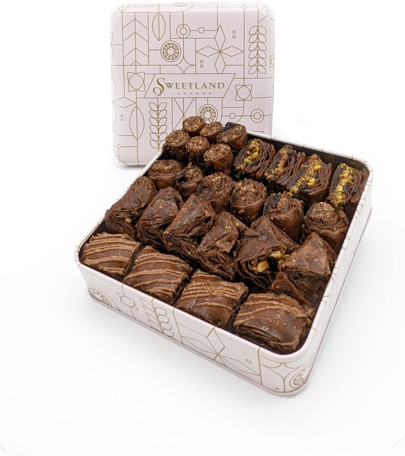 Sweetland London Chocolate Baklava Selection – 500 g | Fresh Handmade Traditional Lebanese Baklava Desert Treat | UK Made | Tin Gift Box | Present for Ramadan, Mother's Day, Easter, Eid & Birthday