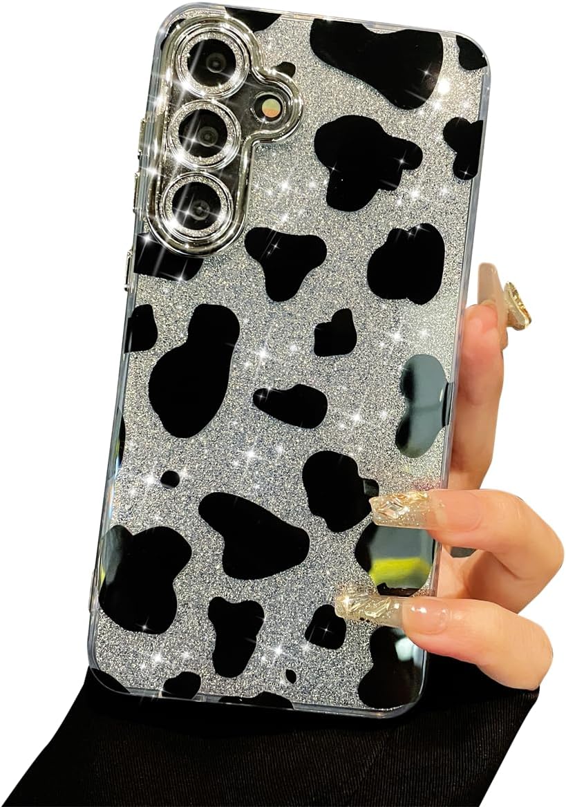 for Samsung Galaxy S24 6.2" Case Sparkle Bling Glitter Pretty Phone Case for Women Girls Aesthetic Design TPU Shockproof Protective Case (Cow)