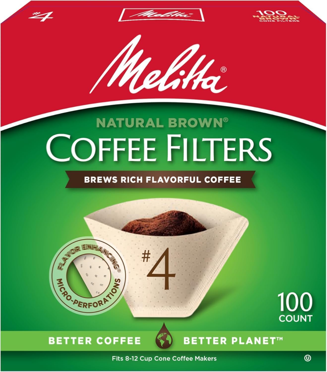 Melitta #4 Cone Coffee Filters, Unbleached Natural Brown, 100 Count (Pack of 3), 300 Total Filters - Packaging May Vary