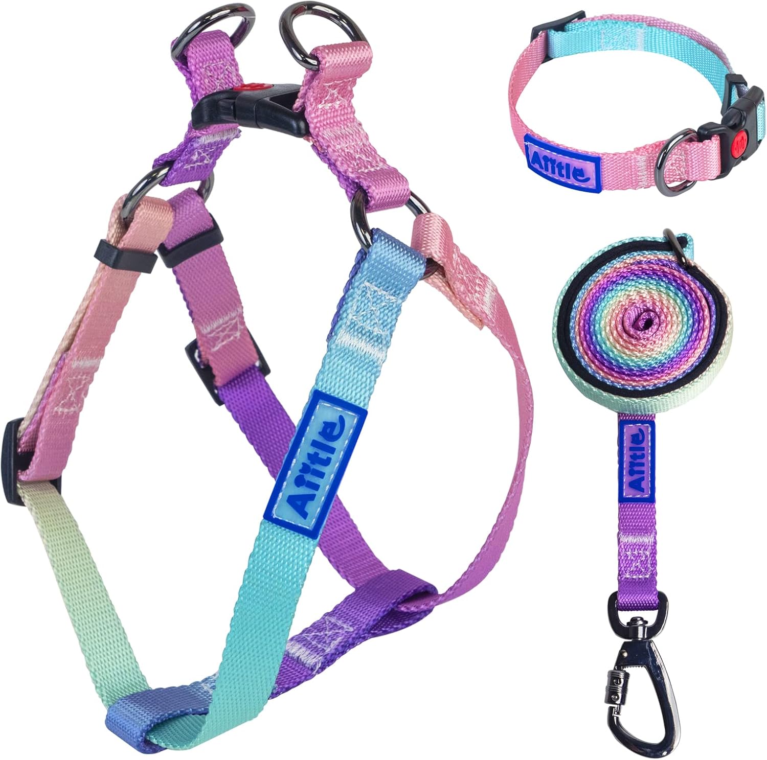 AIITLE Easy Walk Dog Harness Collar Leash Set - Adjustable Basic Collar Heavy Duty Leash - No Pull Halter Harness - Outdoor Training Running for Medium Dogs, Pink Gradient M