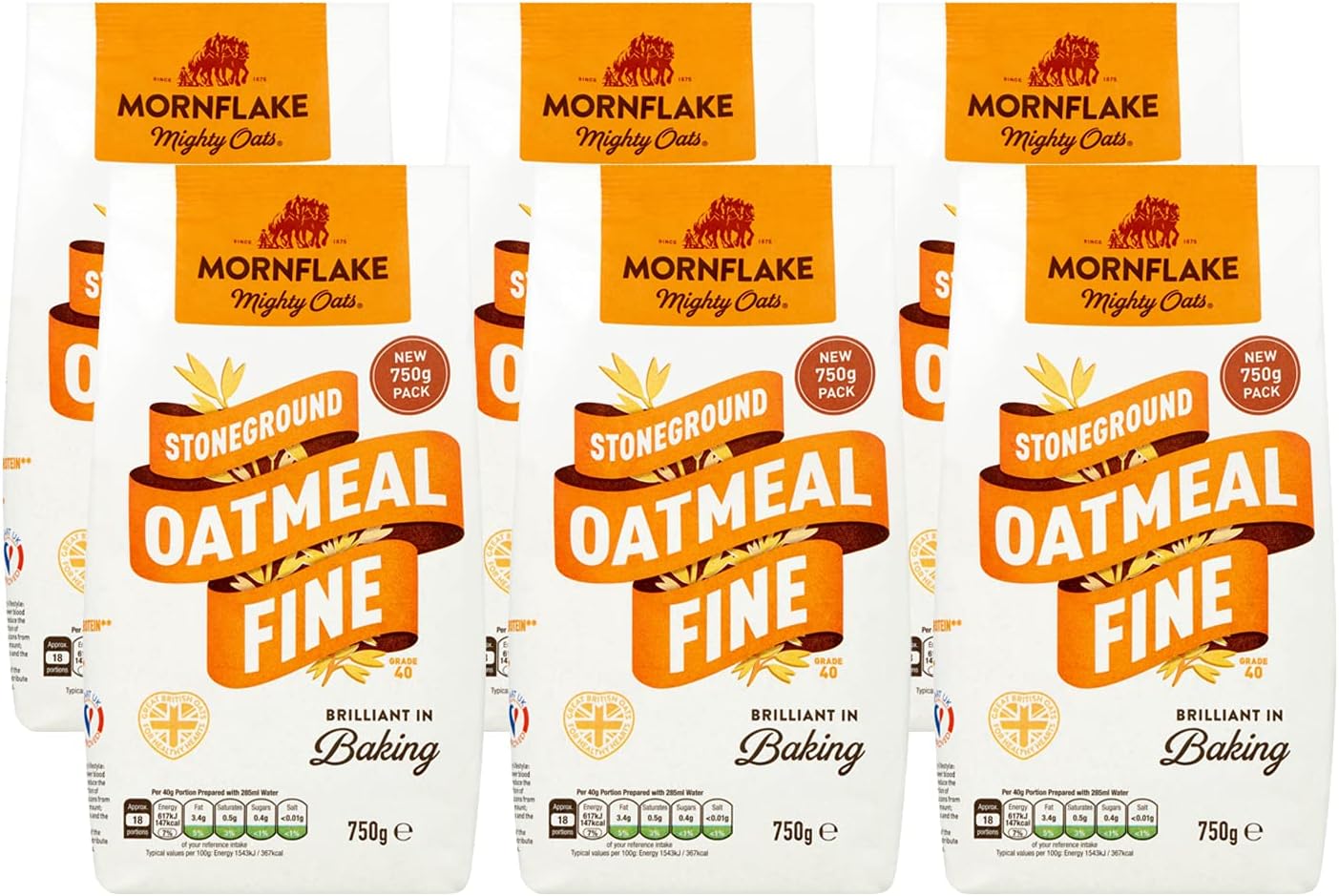Mornflake - Mighty Oats Stoneground Fine Oatmeal 6x 750g. High In Fibre. Perfect For Breakfast Porridge Oats, Granola and Baking. Suitable For Vegan Diet