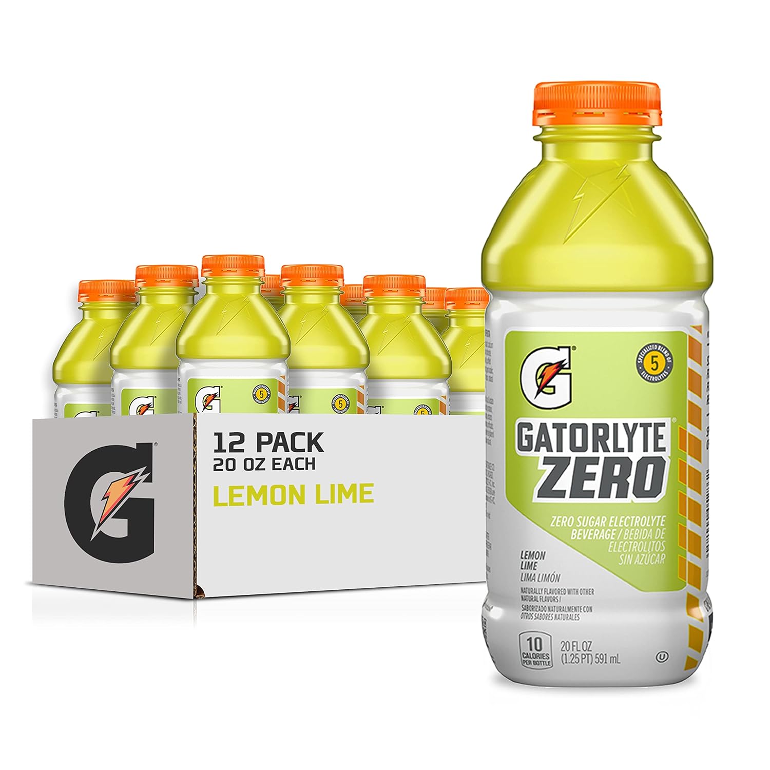 Gatorade Zero Electrolyte Beverage, Lemon Lime, Zero Sugar Hydration, Specialized Blend of 5 Electrolytes, No Artificial Sweeteners or Flavors, 20 Fl Oz Bottles (Pack of 12)