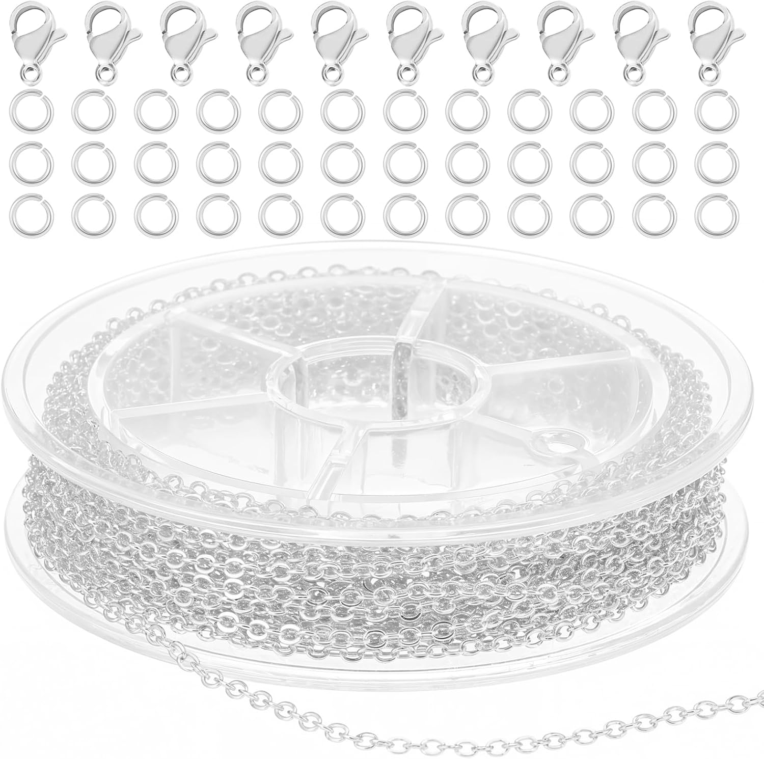 9.8ft Stainless Steel Chain for Jewelry Making, Silver Necklace Making Kit, 1.5MM Link Chains Roll with 10 Lobster Clasps and 30 Jump Rings for Men, Women Bracelet Earring Craft DIY Supplies