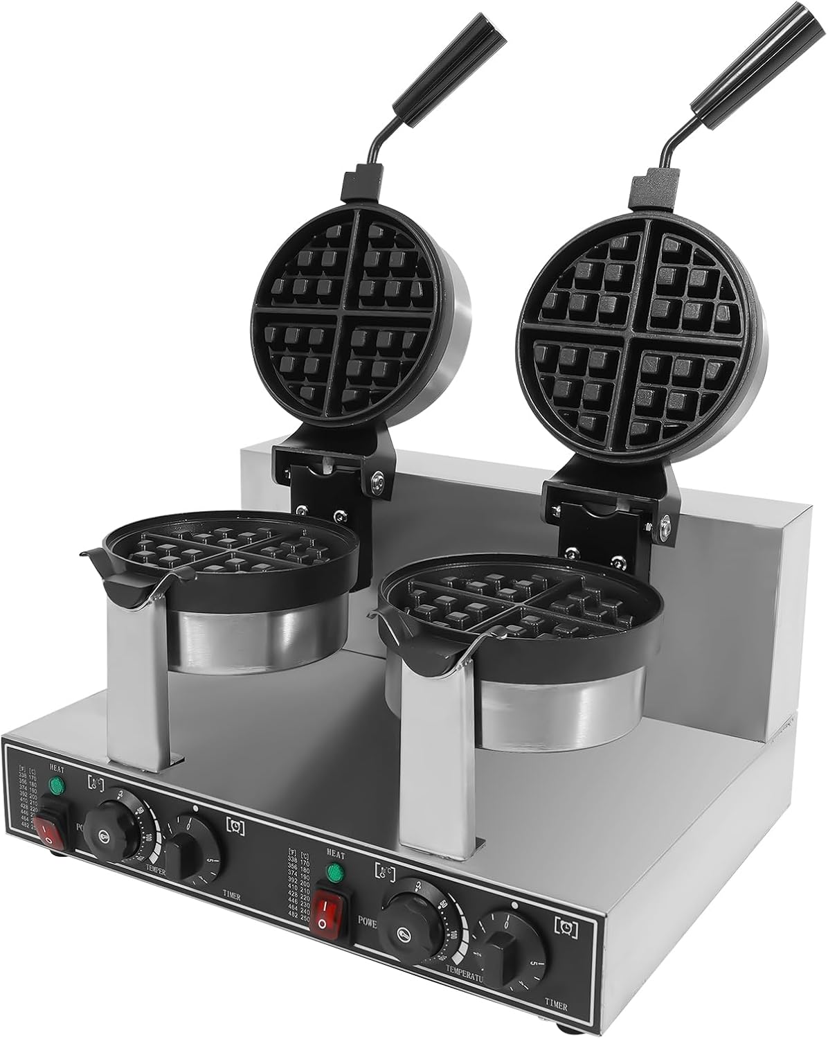 Commercial Waffle Maker, 110V 2400W Double-head Bubble Non-Stick Commercial Waffle Maker Double-Sided Rotary Heating Pancake Machine with Temp & Time Control for Home Kitchen Restaurant