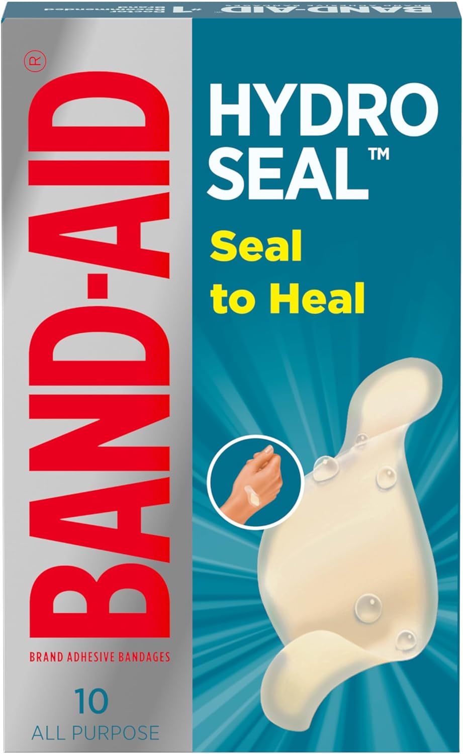 BAND-AID Brand Hydro Seal Adhesive Waterproof Bandages, All Purpose Hydrocolloid Gel Bandages for First Aid Support Better Healing for Minor Blisters, Cuts & Scrapes, FSA/HSA Eligible, 10 ct