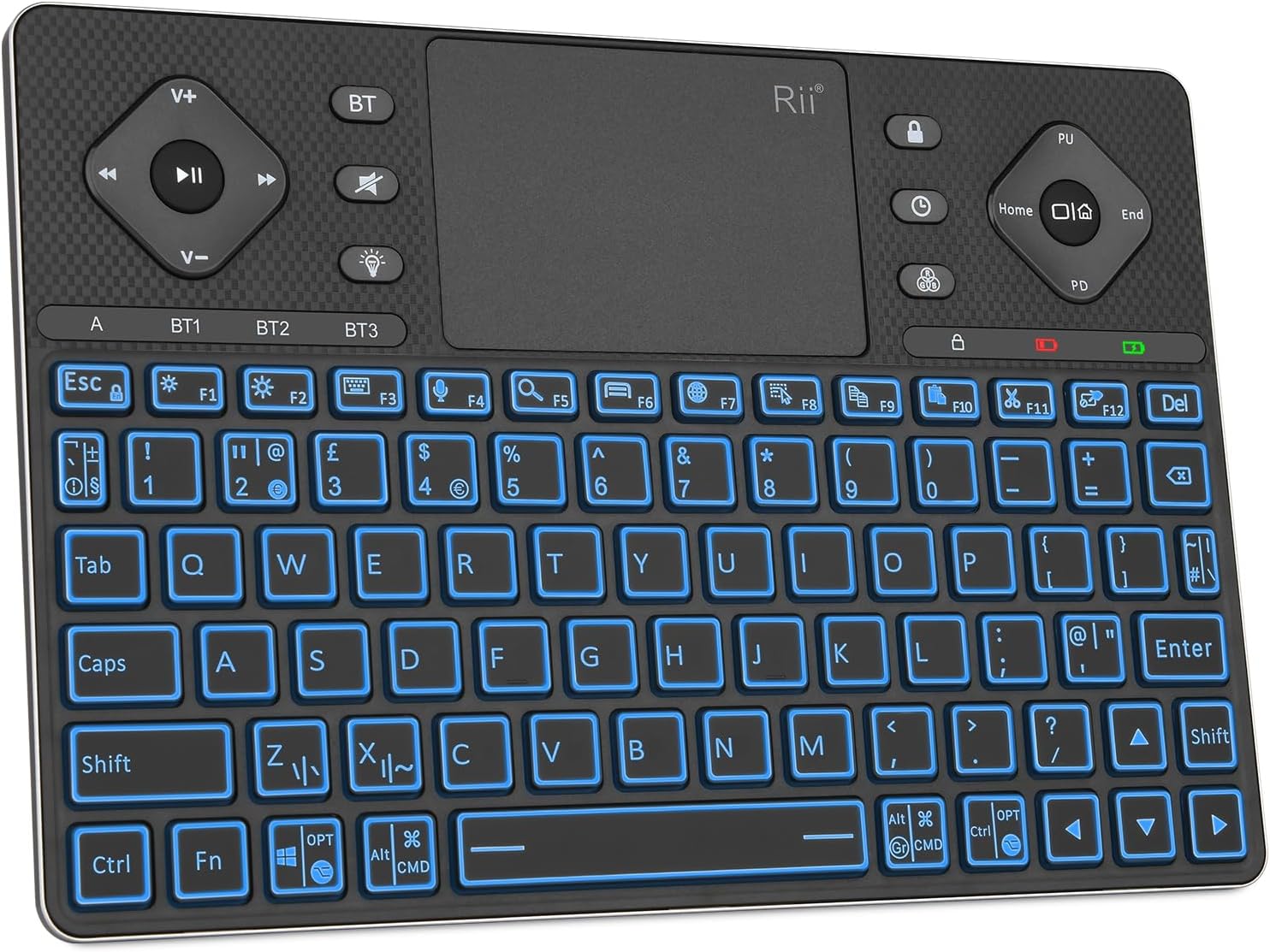 Rii K16 Bluetooth Keyboard with Touchpad, Rechargeable Wireless Keyboard with RGB Backlit, Multimedia Keyboard for Tablet, iPad, PC, HTPC, Smart TV, Projector, Android TV, Laptop, UK Layout
