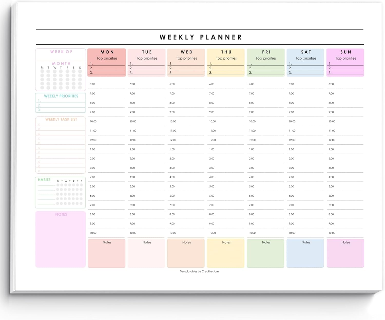 Weekly Hourly Planner Notepad, Daily Planner Desk Pad, Weekly Schedule, To Do List Note Pad, ADHD Planner | 50 Undated Tear Away Sheets | A4 (Rainbow)