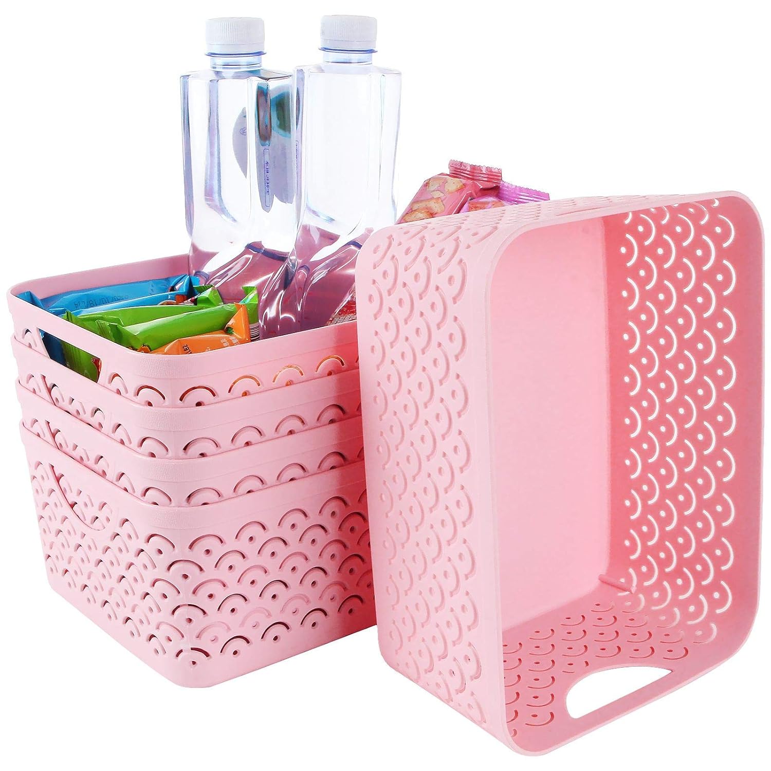 STARVAST 5 Pack Plastic Storage Baskets, Portable Pink Fish Scale Pattern Hollow Desktop Storage Bin Box with Handle for Kitchen, Bathroom, Kids Room or Nursery Storage – 9.4 x 7.1 x 4.1 inches
