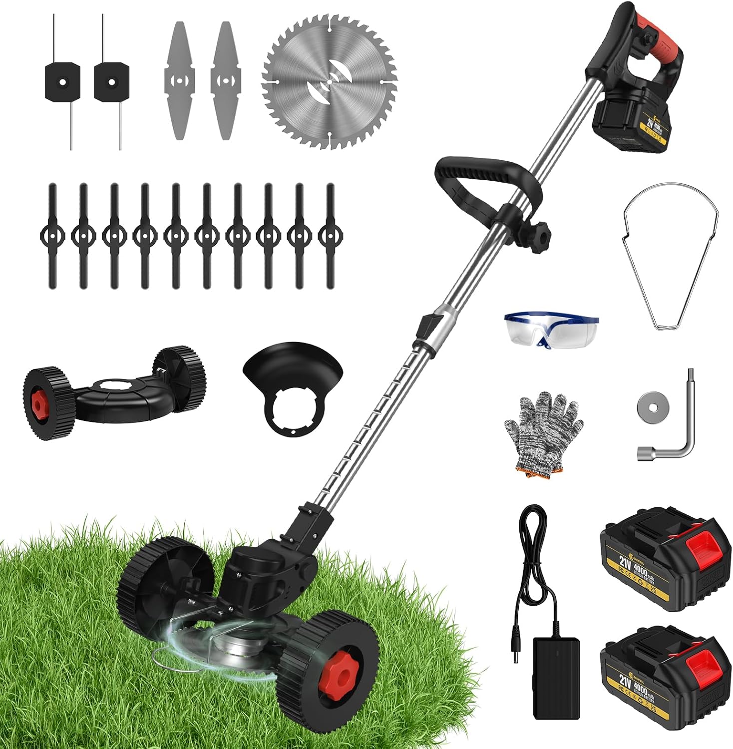 Cordless Strimmer Garden Strimmer with 4 Blades 2 x 21V 2.0Ah Battery Grass Trimmer for Yard, Garden, Sidewalk Edges Light (Cordless Strimmer)