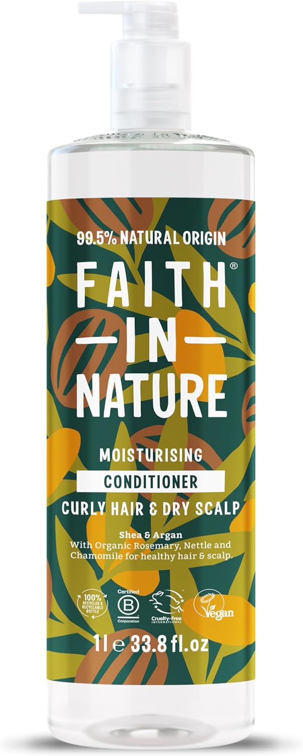 Faith In Nature 1L Natural Shea & Argan Conditioner, Moisturising for Curly Hair & Dry Scalp, Vegan & Cruelty Free, No SLS, Silicones or Parabens, Family Sized