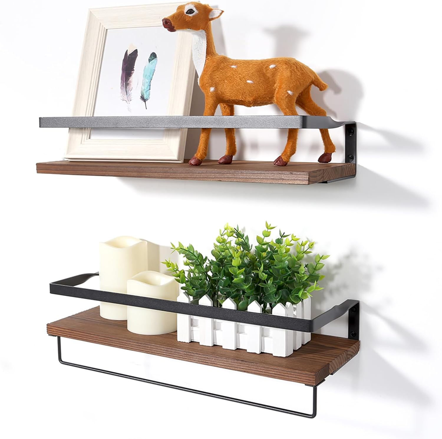 himaly Floating Shelves, Wall Mounted Bathroom Shelf with Towel Bar, Floating Wall Shelves for Bathroom, Kitchen, Bedroom, Living Room, Deep Brown (2 Pieces)