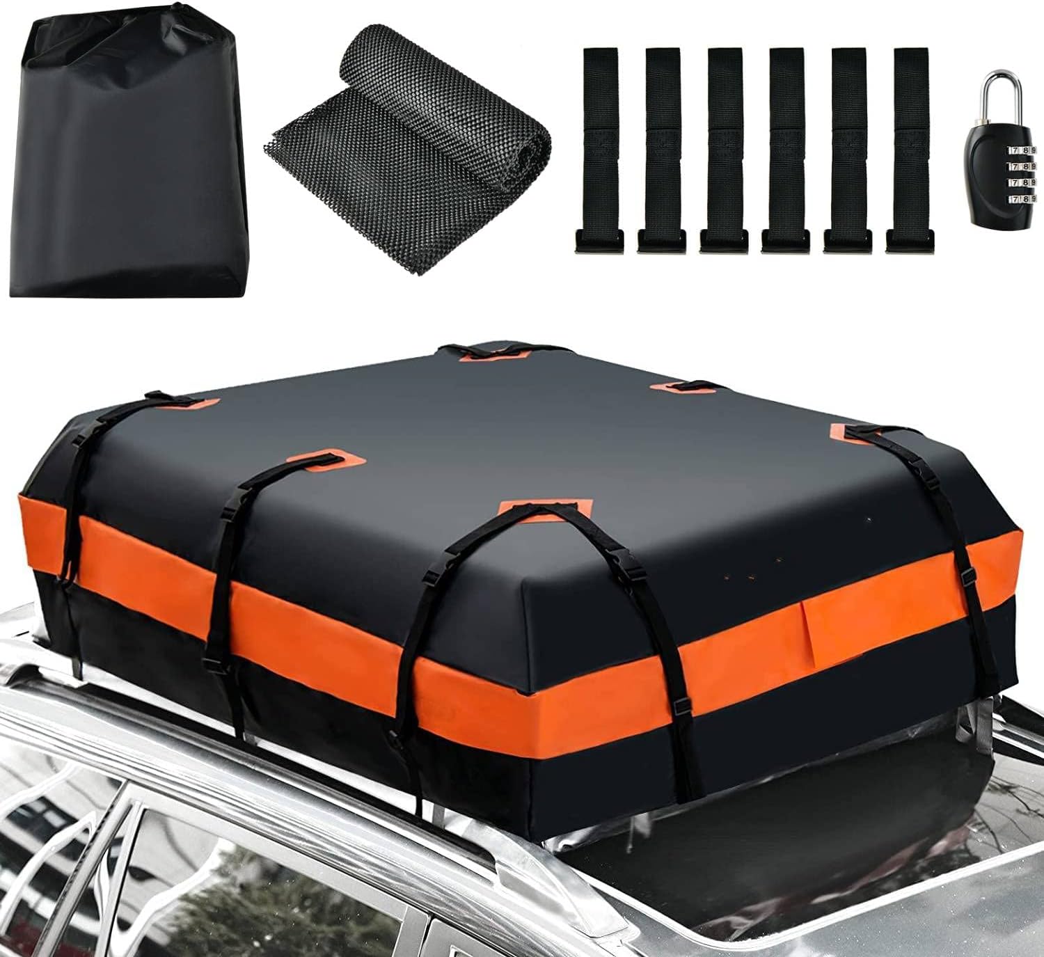 COSTWAY 15/21 Cubic Feet Car Roof Bag, 100% Waterproof Roofing Cargo Carrier with Anti-Slip Mat, Combination Lock & Straps, Rooftop Luggage Storage Box (Black+Orange, 15 Cubic Ft/424L)
