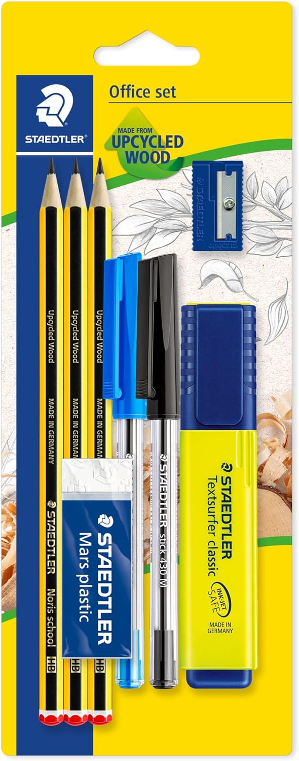STAEDTLER 60 BK-4 Noris Office Set - Assorted Stationery Pack with 3 Graphite Pencils, 2 Pens, Highlighter, Eraser & Sharpener