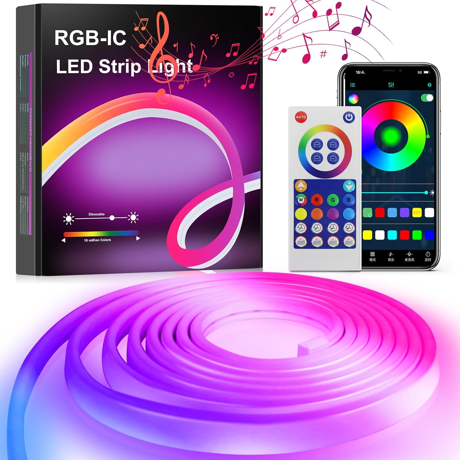 Neon LED Strip Lights 3m - RGBIC Rope LED Lights for Bedroom with Remote Control, Smart Color Changing Mode and Music Sync, IP65 Waterproof Strip Lights for Christmas Indoor Outdoor Decor