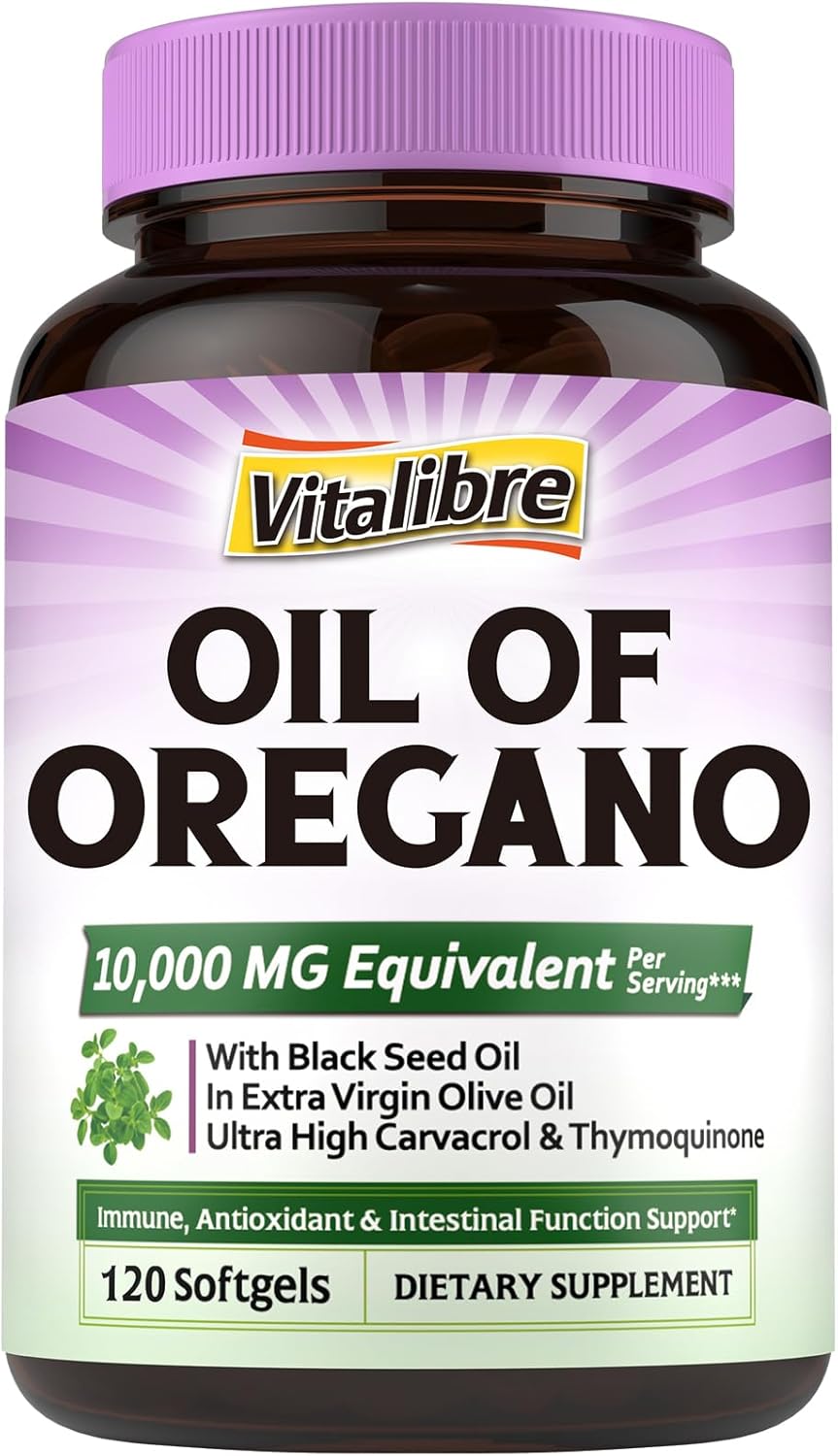 Oil of Oregano 10000mg with Black Seed Oil, 20:1 Extrect, Wild Harvested, Contains Carvacrol, Non-GMO, Herbal Extract Supplement for Immune Support, 120 Softgels