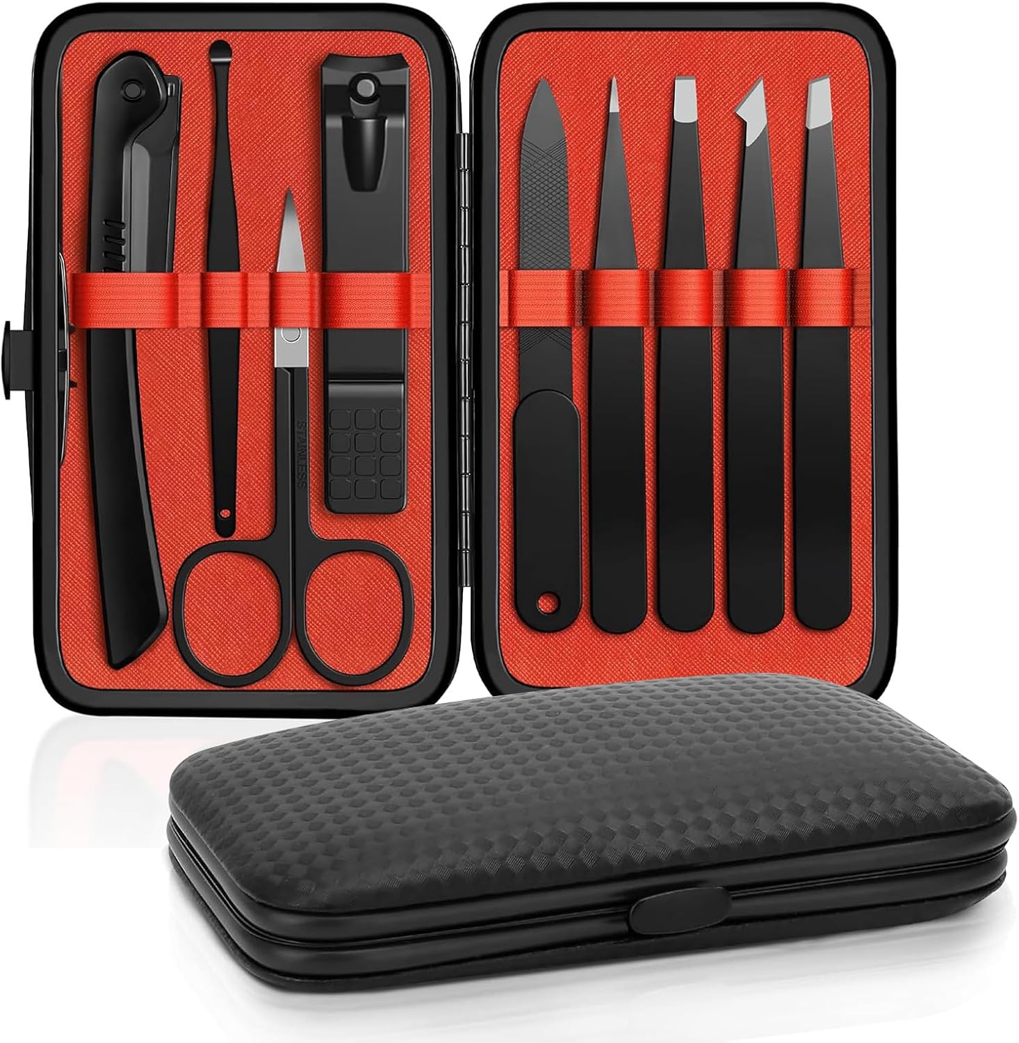 9 PCS Nail Kit Manicure Set - Professional Stainless Steel Nail Care Kit with Dead Skin Fork - Sturdy and Durable Black Red Grooming Manicure Set for Thick Nails Men Women Gift Travel Personal Care