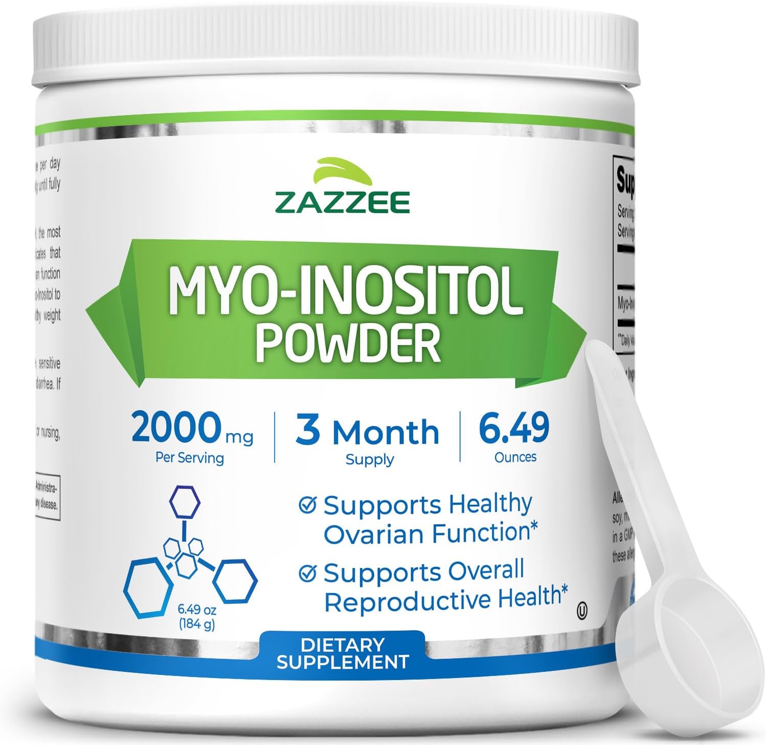 Zazzee Myo-Inositol Powder, 3 Month Supply, 92 Servings, 2000 mg per Serving, Free Scoop for Exact Dosage, 6.49 Ounces, 100% Pure, All-Natural Fertility and Reproductive Support, Vegan, Non-GMO