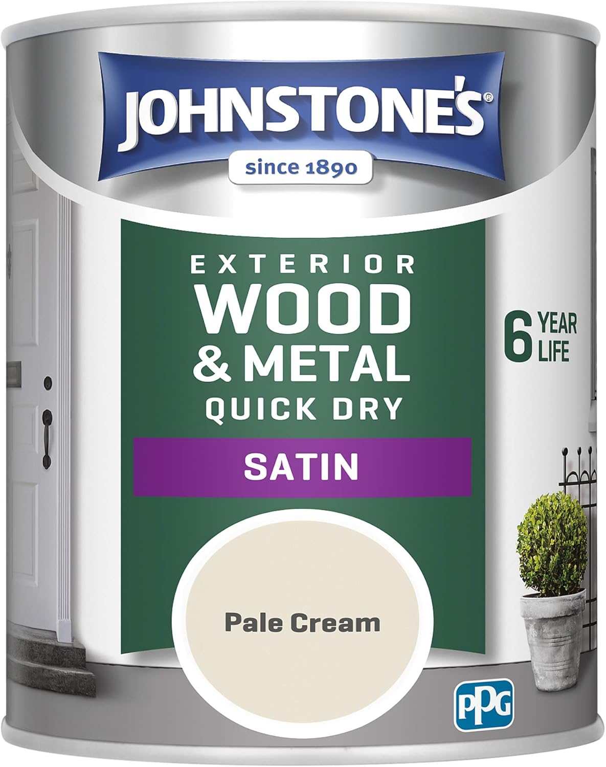 Johnstone's - Quick Dry Satin - Pale Cream - Satin Finish - Exterior Wood & Metal - Resistant to cracking & peeling - 6 years of life - 12m2 Coverage per Litre - 0.75 L