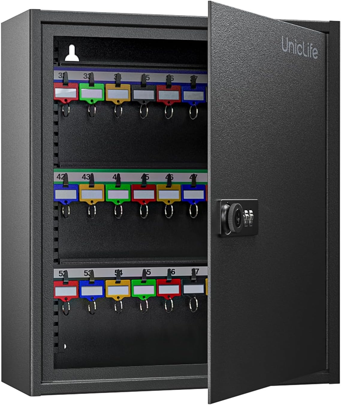 Uniclife 60 Position Key Cabinet Steel Security Storage Box with Combination & Key Lock, Resettable, Digital, Adjustable Racks, Colorful Labels & Hooks