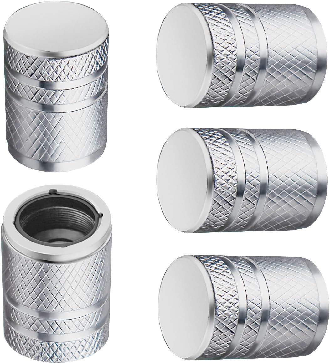 BAURATTI Tire Valve Stem Caps - (5 Pack) Metal Air Caps with Plastic Liner, Corrosion Resistant, Leak-Proof, Universal Stem Covers for Cars Trucks Motorcycles and Bikes - Silver