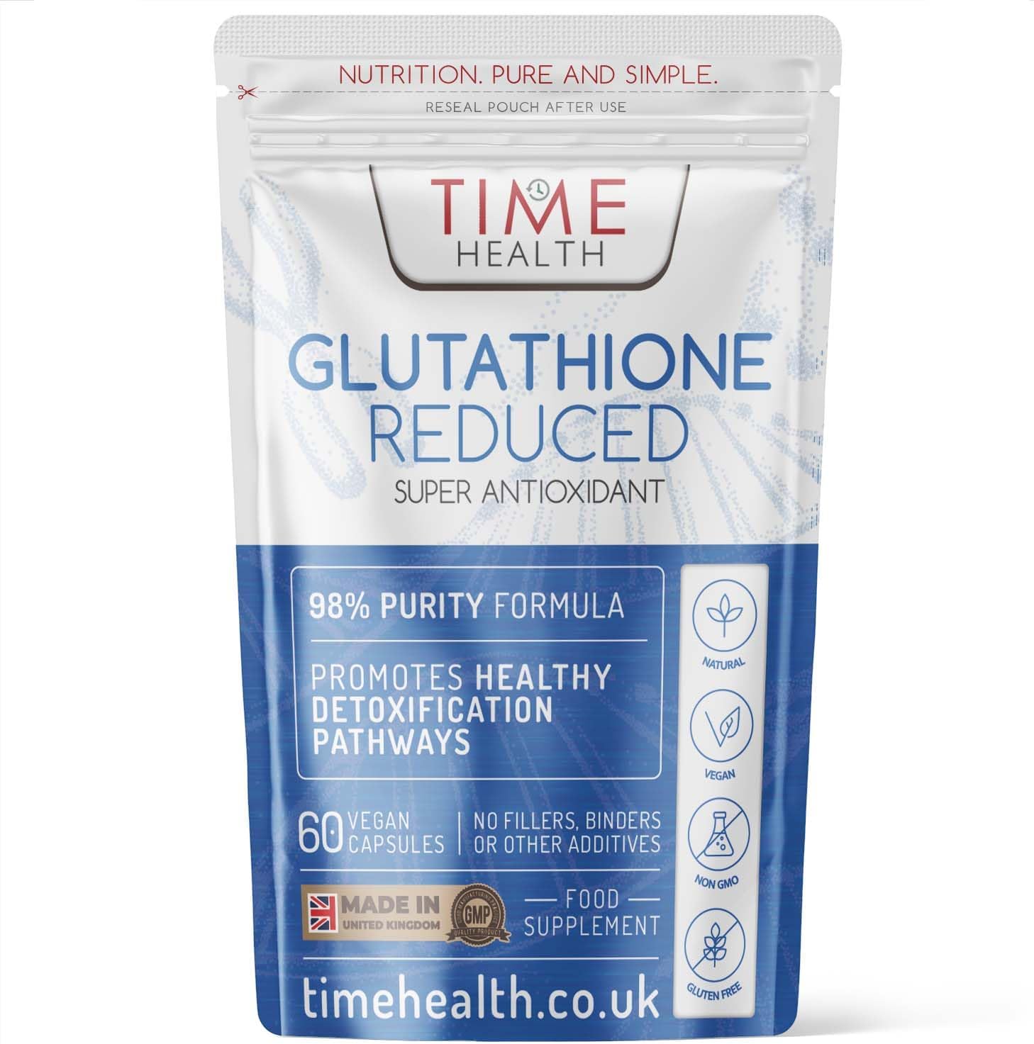 Glutathione Reduced - 320mg - UK Made - Zero Additives - Vegan - Pullulan (60 Capsule Pouch)