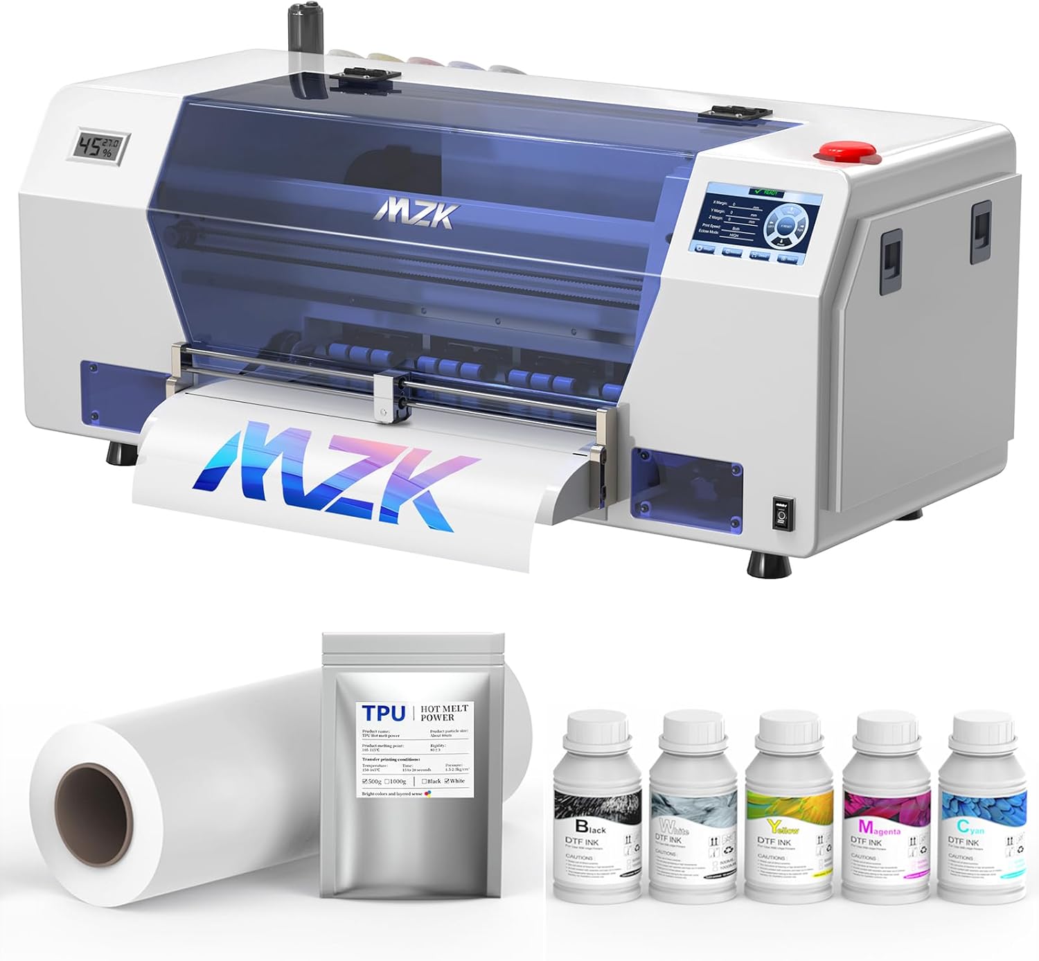 MZK A3 Plus XP600 DTF Printer,2X-Speed Compared to L1800,5" LED Multi-Function Touch Screen,Built-in Automatic Time Cleaning printhead+White Ink Circulation,Film Cutter,Gift Ink 2 Years