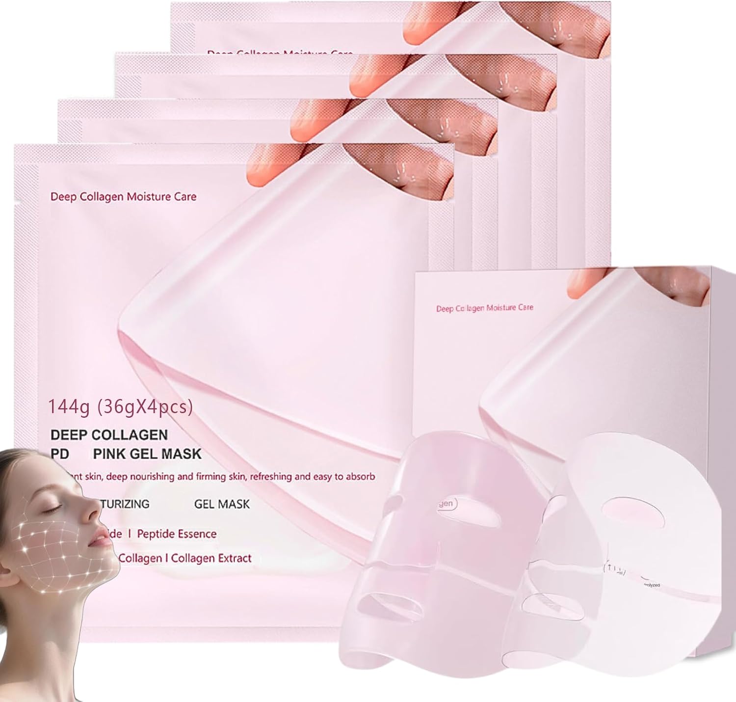PDRN Pink Collagen Jelly Gel Mask, Salmon Dna Pdrn Overnight Face Mask for Glass Glow Skin 4PC, Korean Skin Care Beauty for Women Anti Wrinkle Hydrating Firming & Elasticity Boost & Pore Minimizing