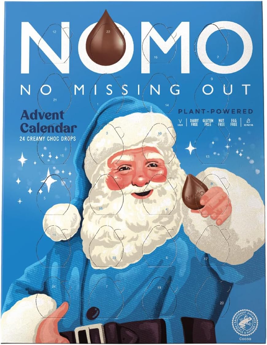 NOMO Christmas Chocolate Advent Calendar - 24 Creamy Choc Drops - Vegan & Free From Dairy, Gluten, Eggs & Nuts - 80g