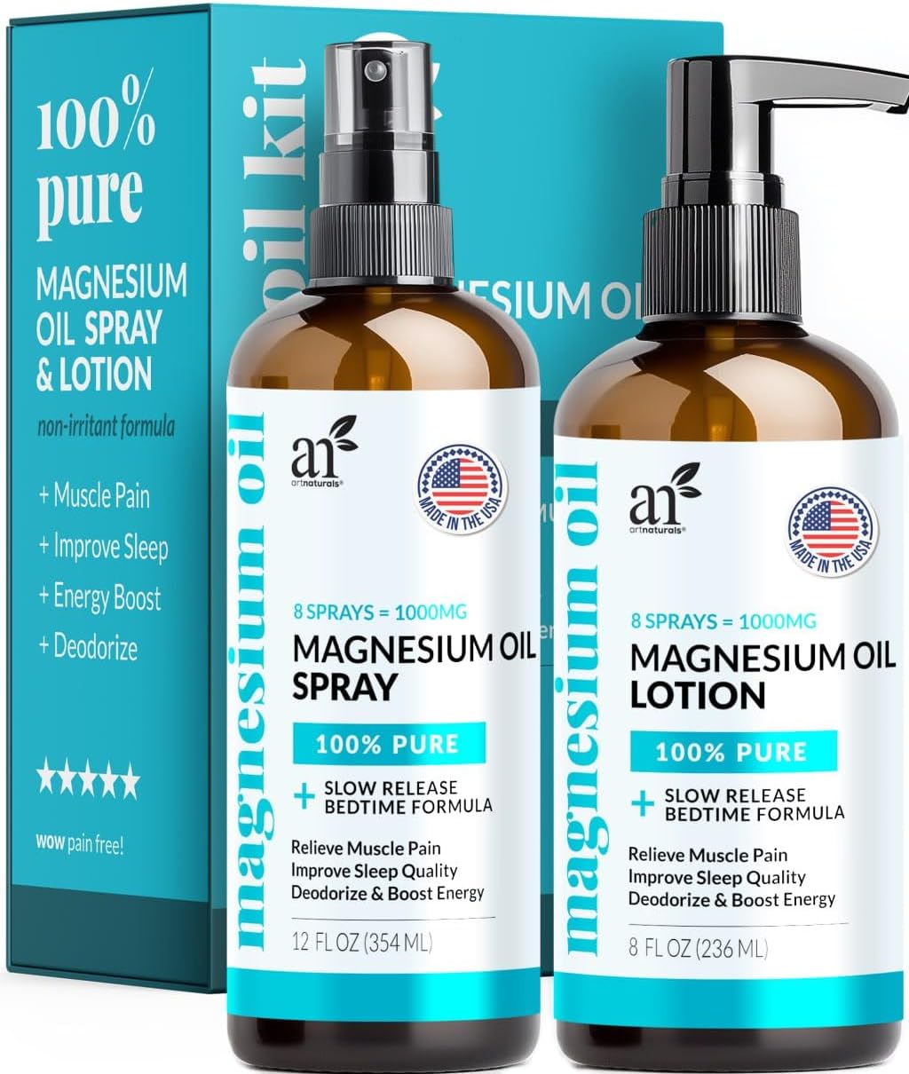ArtNaturals Magnesium Oil Spray 340g + Body Lotion Set 227g - Extra Strength Ultra-Pure Soothing Relief & Relaxation for Better Sleep, Muscle Health Leg & Joint Care W/a Less Itch, Non-Greasy Formula