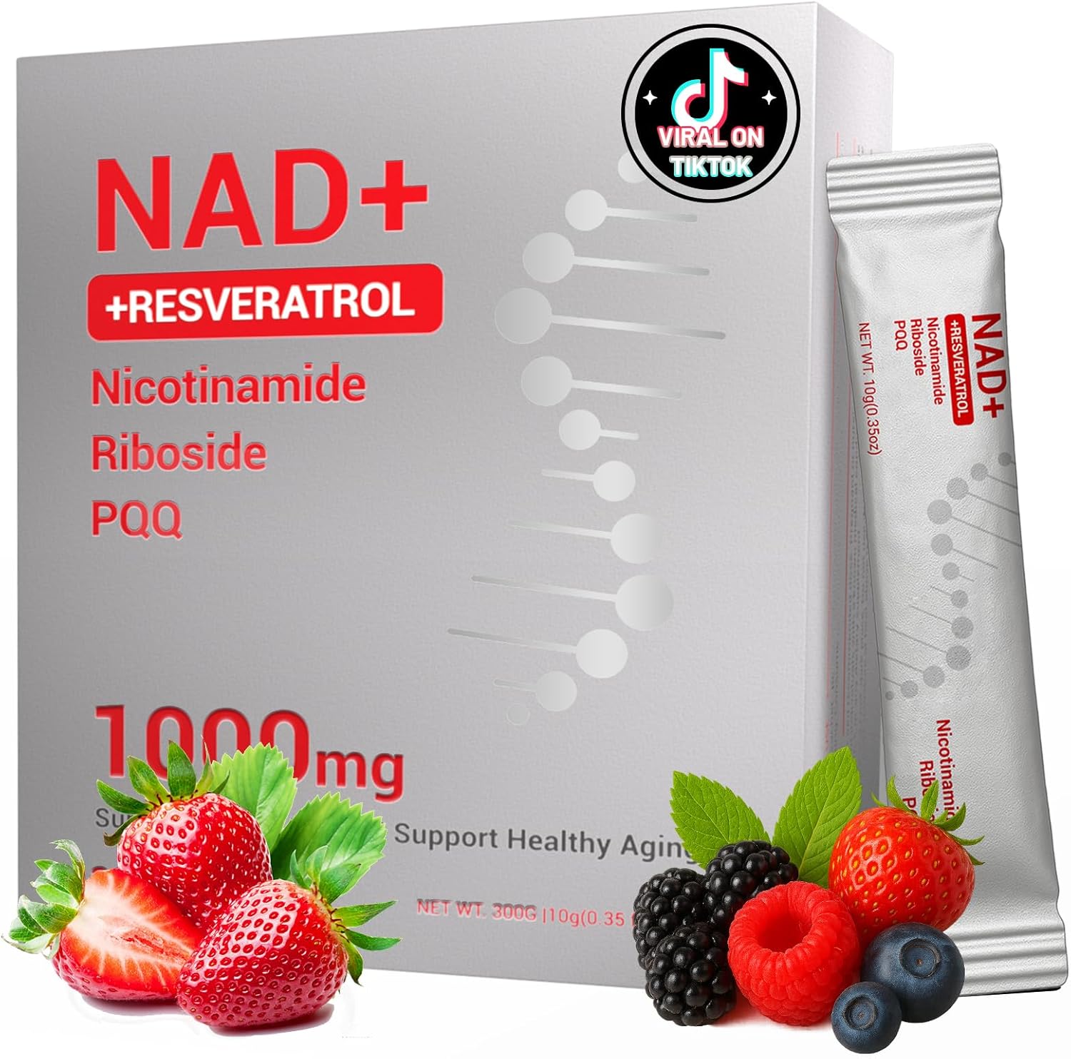 NAD Supplement 1000mg with Resveratrol Pure Organic Liquid Packets - Nicotinamide Riboside Supplements with PQQ - Liposomal NAD+ Berry Flavor Drink - Cellular Energy & Anti-Aging Support, 30 Packs