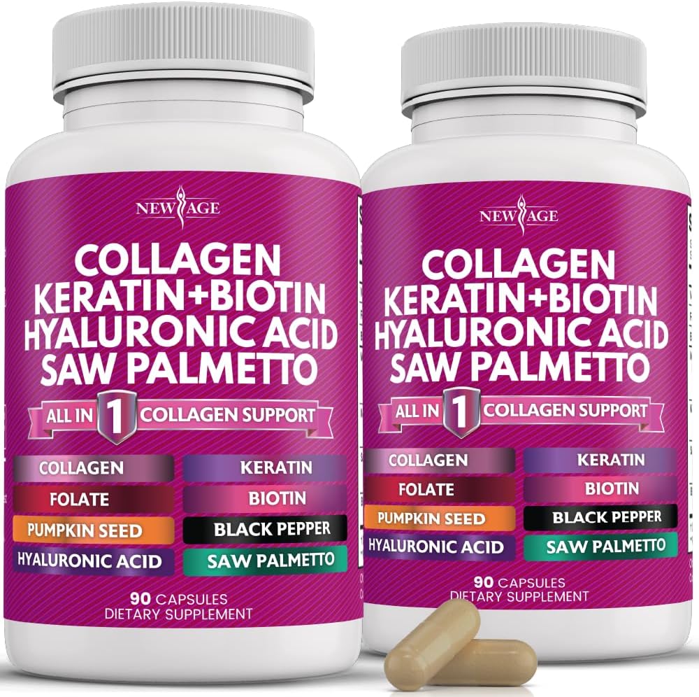 NEW AGE Collagen Pills Biotin Keratin Saw Palmetto Hyaluronic Acid - Vitamin E Folic Acid Pumpkin Seed MSM - 90 Count (Pack of 2)