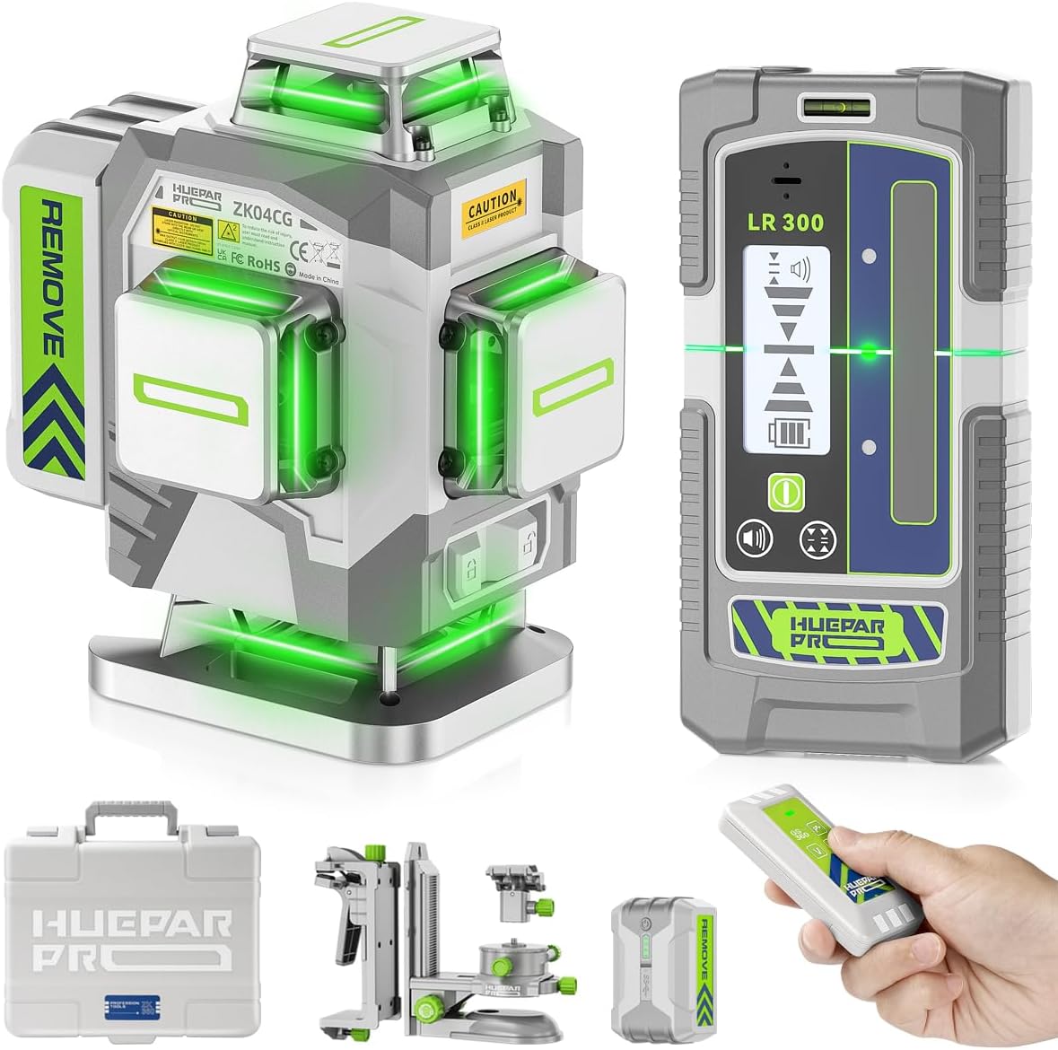 Huepar Pro Laser Level 360 Self Leveling, 4x360° Green Cross Line Laser Tool Set with Receiver for Outdoor&Long Distance Use Up to 660ft, Rechargeable Lazer Leveler Tool for Construction -ZK04CG-LR300