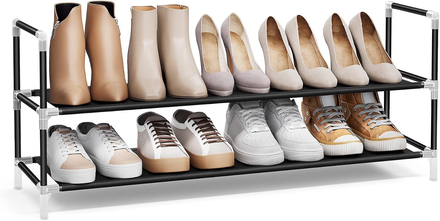 SONGMICS 2-Tier Rack, Shoe Storage for Hallway Closet, Slim and Space-Saving, Metal Frame, Non-Woven Fabric Shelves, Black LSH052B01