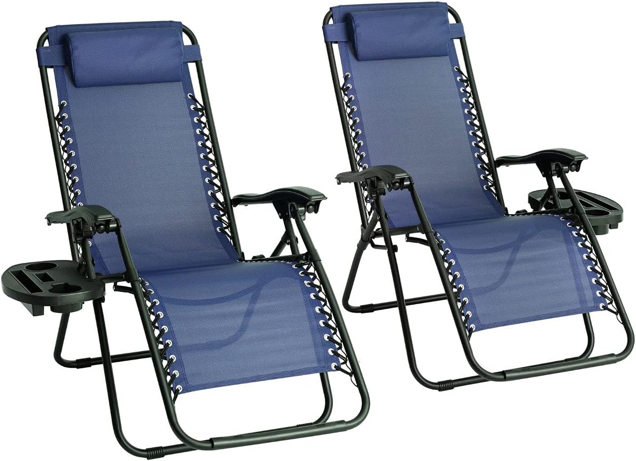 Straame Garden | Zero Gravity Chair | Set of 2 | Heavy Duty Textoline | Outdoor & Garden Sunloungers | Reclining & Folding Chair with Cup Holder and Headrest Pillow (Navy)