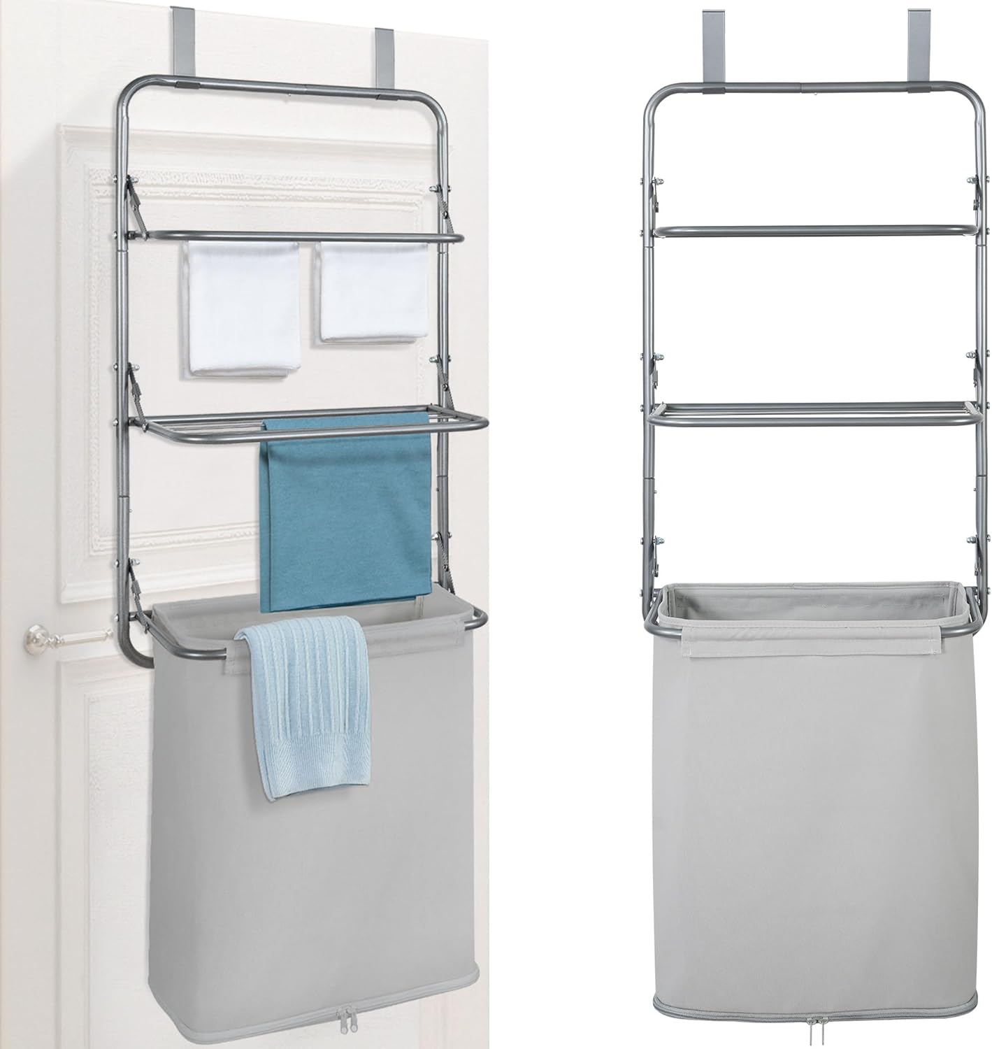 STORAGE MANIAC Over The Door Laundry Hamper with Towel Rack, Hanging Laundry Bag with Drying Rack, Heavy-duty Laundry Basket with Storage Rack, Portable Clothes Hamper For Bathroom, Closet, RV, Grey