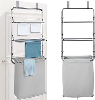 STORAGE MANIAC Over The Door Laundry Hamper with Towel Rack, Hanging Laundry Bag with Drying Rack, Heavy-duty Laundry Basket with Storage Rack, Portable Clothes Hamper For Bathroom, Closet, RV, Grey