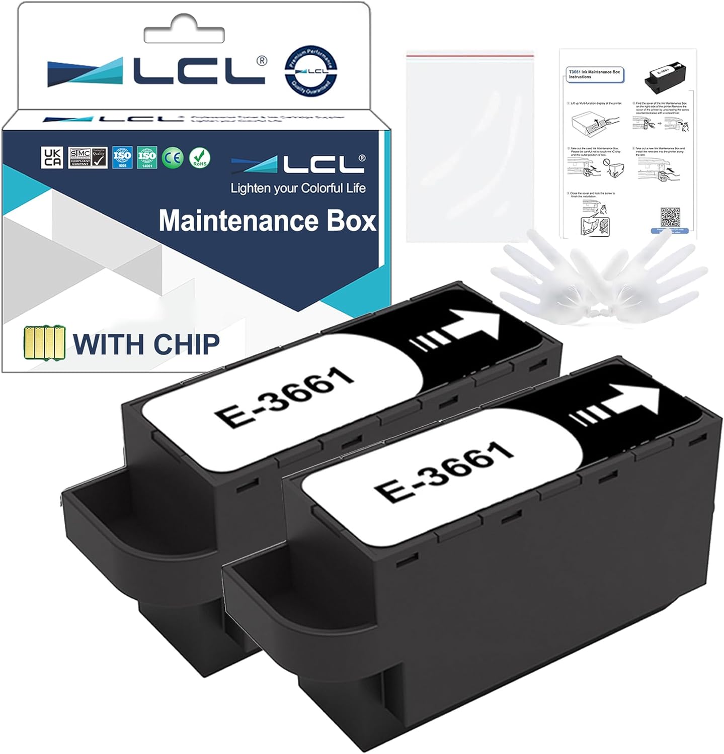 LCL T3661 C13T366100 Ink Maintenance Box Replacement for Epson XP-8500 XP-8505 XP-8600 XP‑8605 XP-8700 XP-6000 XP-6001 XP-6005 XP-6100 XP-6105 XP-15000 XP-15010 XP-15080 XP-970 (2-Pack)