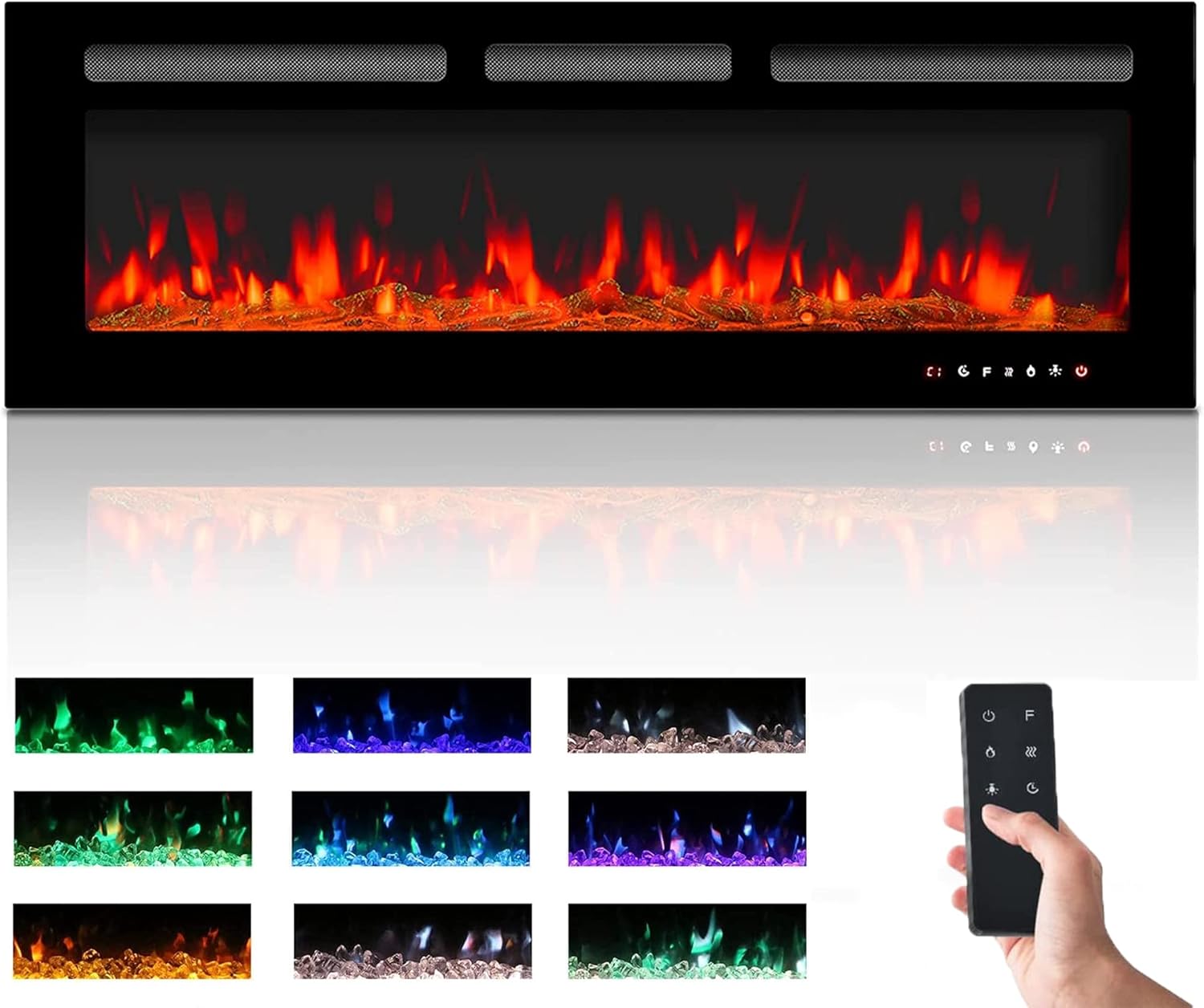 M.C.Haus Electric Fireplace Touch Screen Glass Panel Colorful Flame Insert Wall Mounted Heater Remote Control with Crystal&Log Set,900/1800W (127CM, Black)