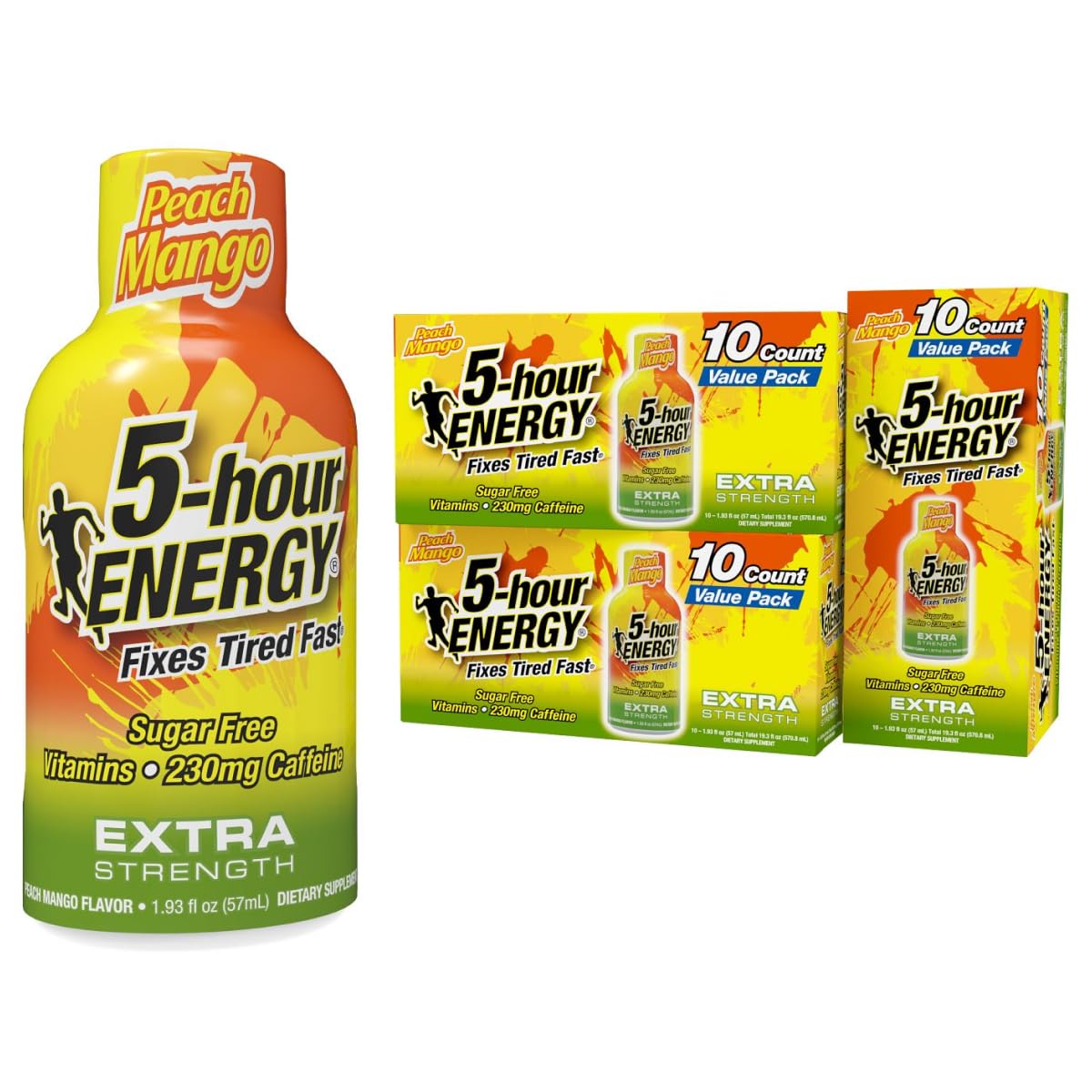 5-hour ENERGY Extra Strength Energy Shot, Peach Mango Flavor, Zero Calories & Sugar-Free 230 mg Caffeinated Shot, Amino Acids & B Vitamins, Dietary Supplements, 1.93 oz., 30 Count