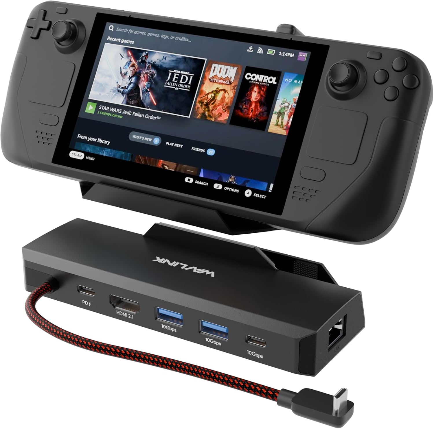 WAVLINK Steam Deck Dock, 6-IN-1 Docking Station for Steam Deck/ROG Ally with 4K@144Hz HDMI 2.1, 100W PD IN, 3x 10G USB 3.2, Gigabit RJ45