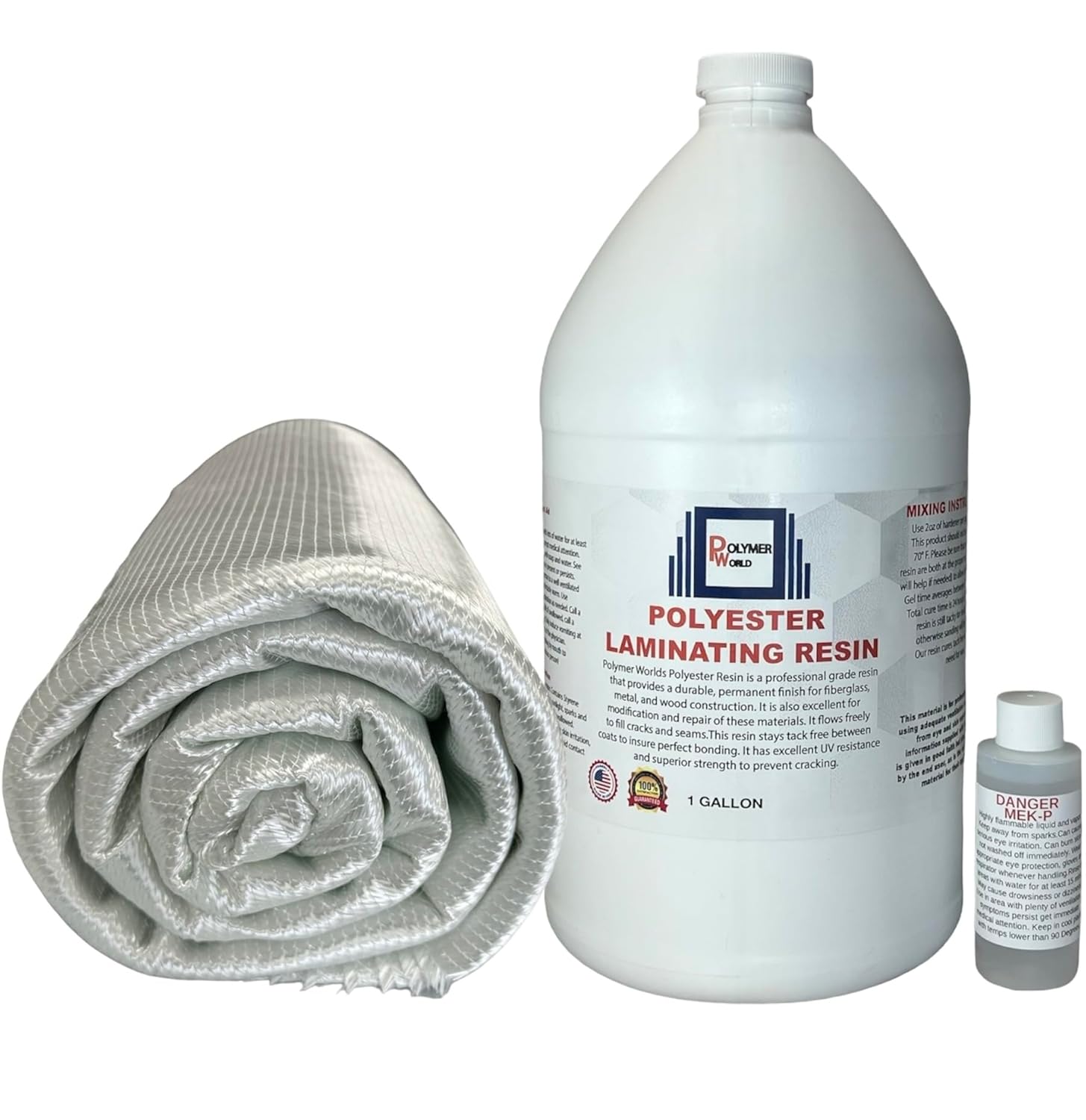 Polymer World- Polyester Resin with Rolled 1708x38x5 Yard Biaxial Cloth, Fiberglass Repair Kits for Boats, Automotive, RV Canoes, Jetski, Snowmobiles, with MEKP…