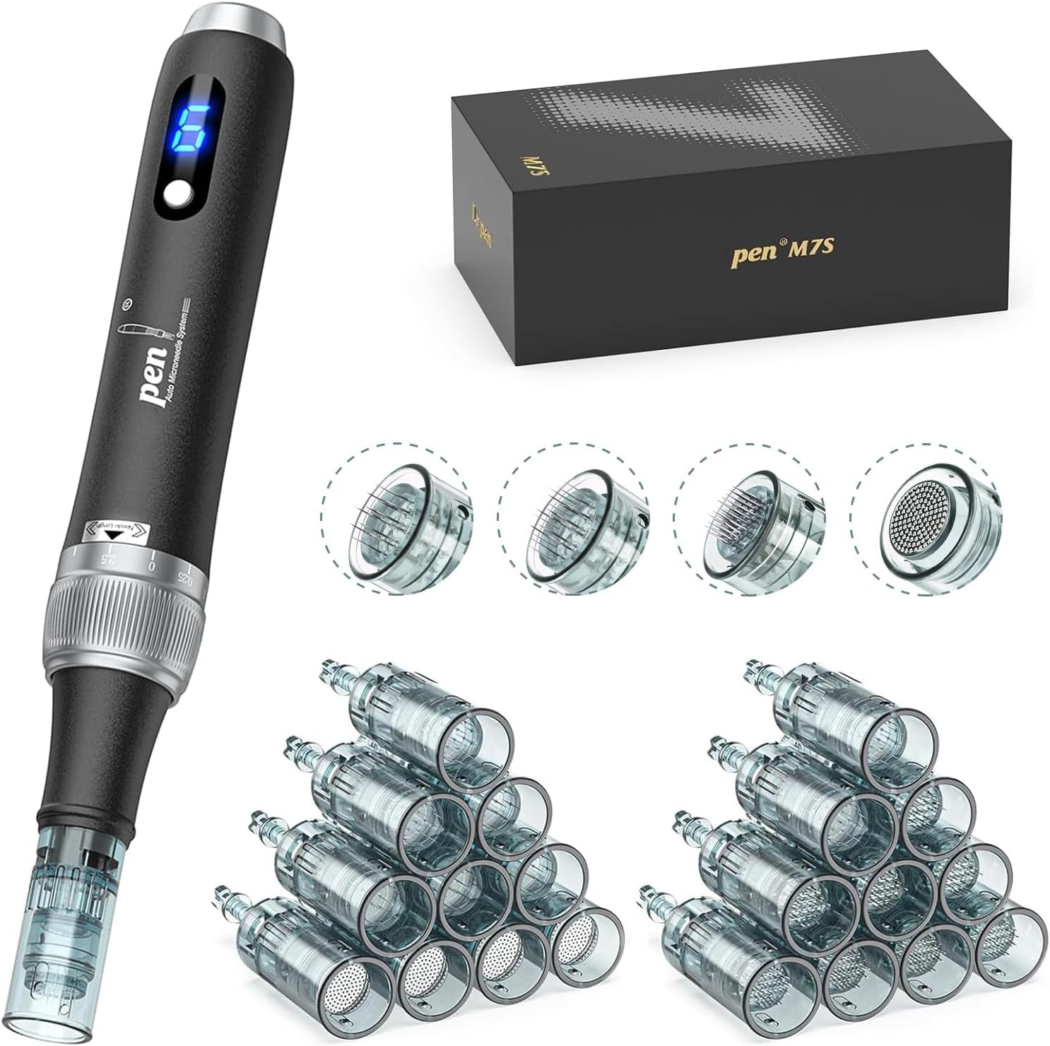 Dermapen M7S Microneedling Pen, Wireless Micro Needling Pen with 20pcs(16Pin 24Pin 36Pin R-Nano) Replacement dr pen needles, Professional Skin Device 6-Speed Type-C for Face/Body and Skin Care, Black