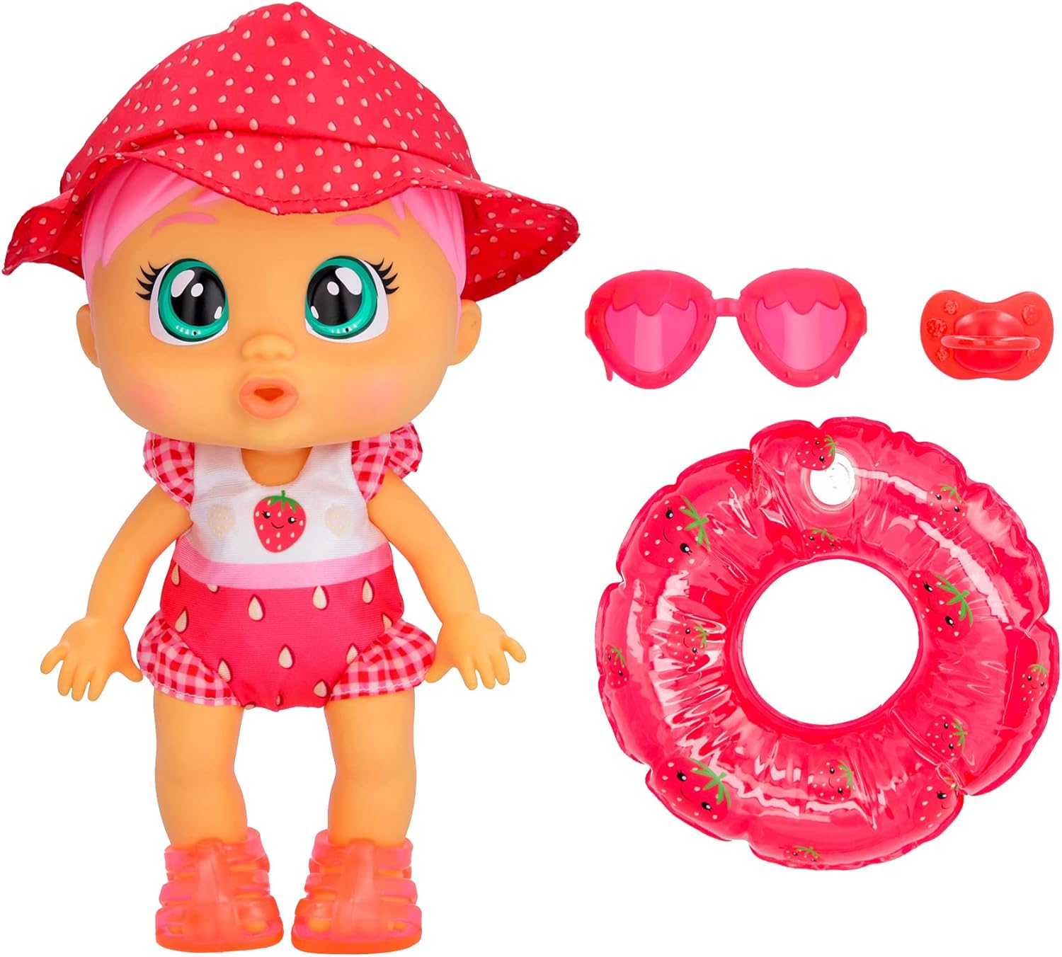 Cry Babies Fun n' Sun Ella 10" Baby Doll with a Strawberry Themed Swimsuit Plus 6 Accessories - Ages 18+ Months