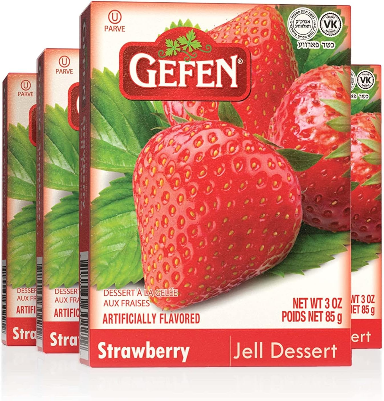 Gefen Strawberry Flavoured Jello, 85g (Pack of 4) Instant Jelly Powder, Vegan Friendly, Easy to Prepare, Great for Desserts, Certified Kosher