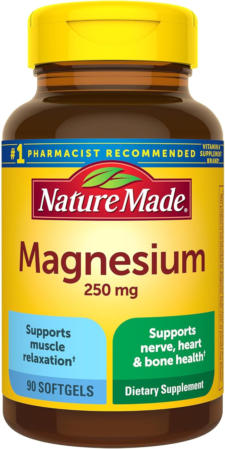 Nature Made Magnesium 250 mg, Magnesium Supplement for Muscle, Heart, Bone and Nerve Support, 90 Softgels, 90 Day Supply