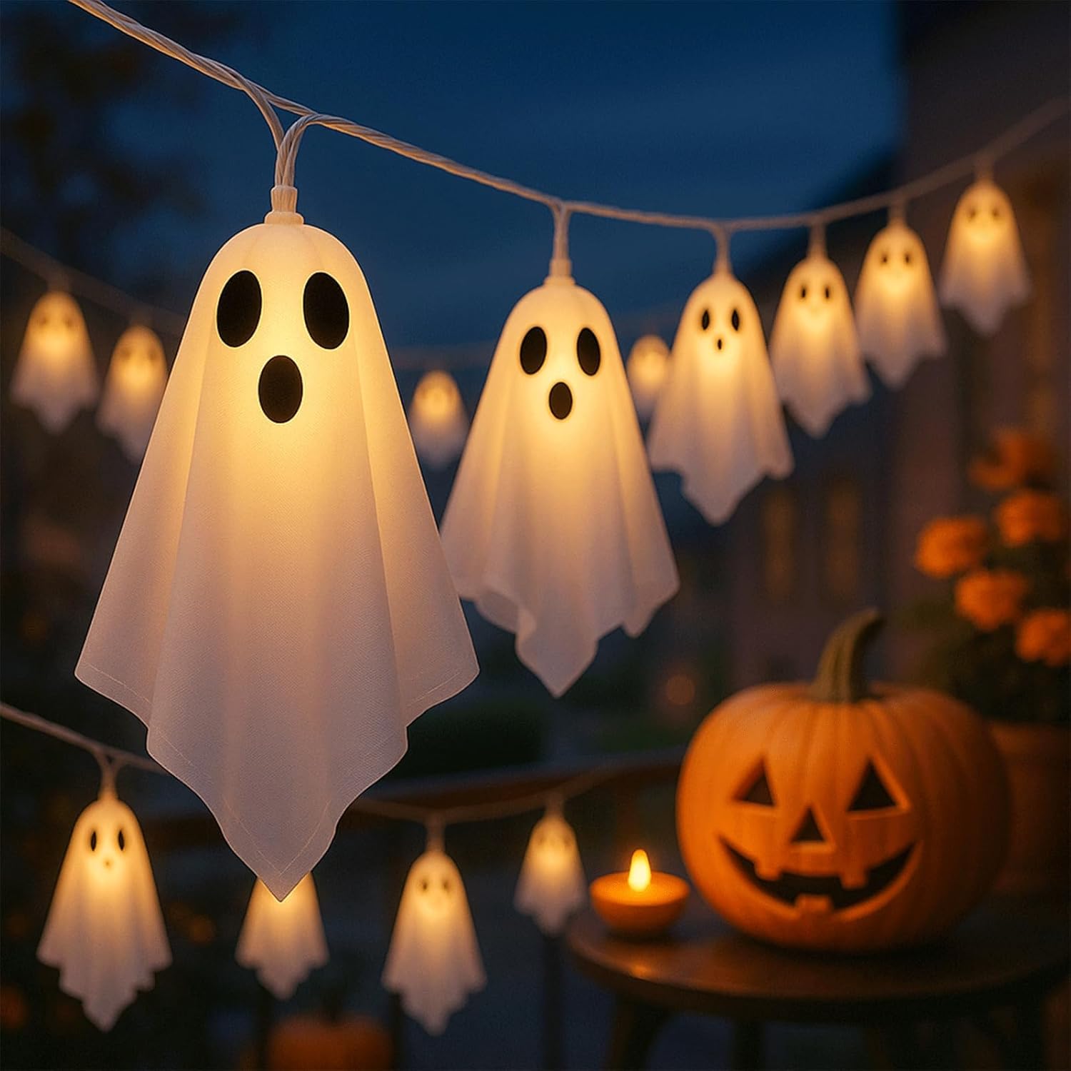 CNMTCCO Halloween Ghost String Lights with Remote, 10 LED Hanging Ghost Lights with Fabric, Battery Operated with 8 Modes, Halloween Window Decorations for Home, Party, Indoor Outdoor Use