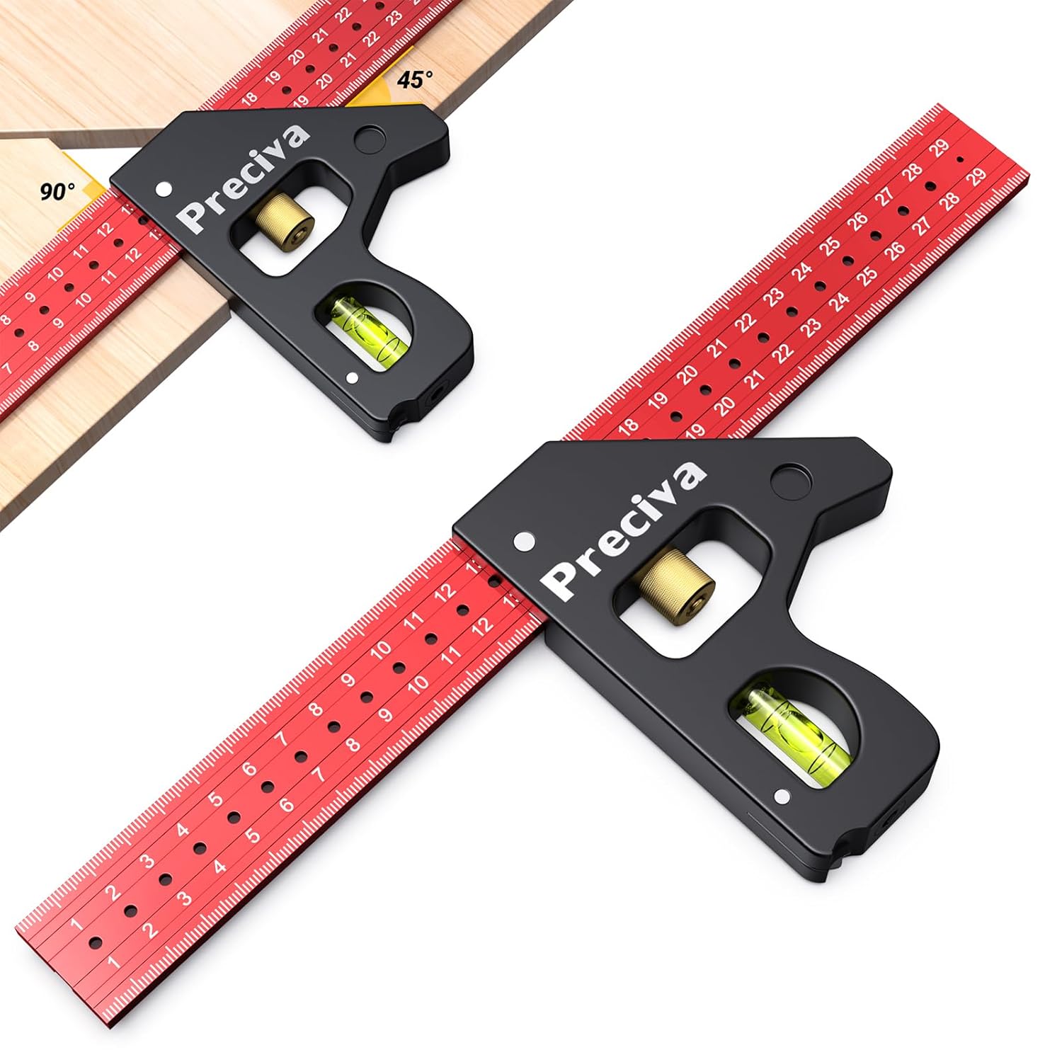 Combination Set Square, Preciva Carpenter Engineer Marking Gauge 45/90 Degrees with Bubble Level, Adjustable Carpenters Square Woodworking Rule, 12inch/300mm Measuring Tool